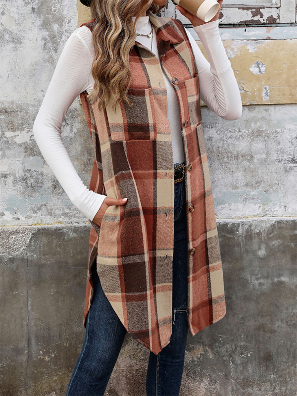 New Sleeveless Lapel Cardigan Jacket Retro Mid-Length Plaid Vest