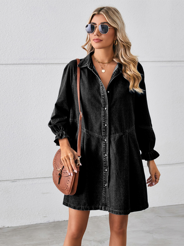 Loose Washed Long Sleeve Spliced Denim Dress