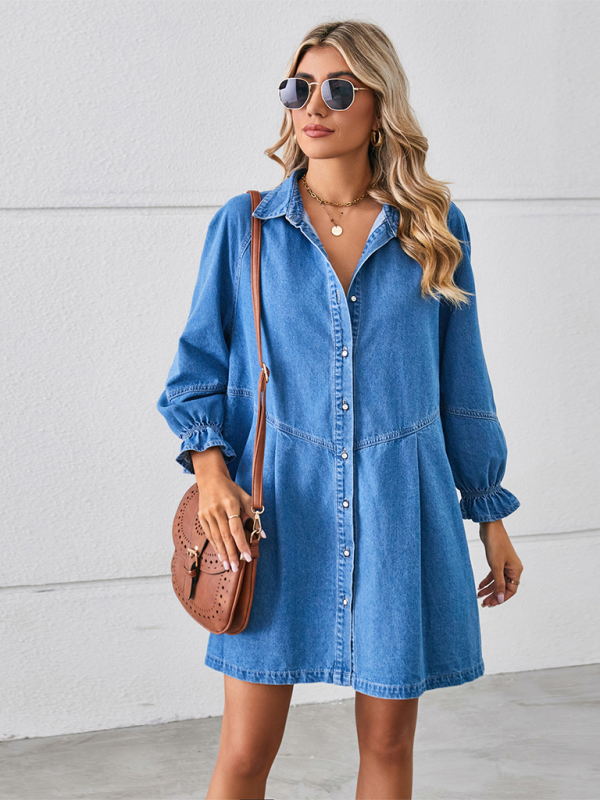 Loose Washed Long Sleeve Spliced Denim Dress