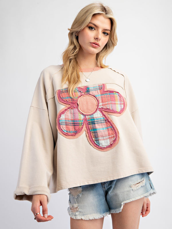 Women's Colorblock Floral Patch Top Casual Loose Sweatshirt