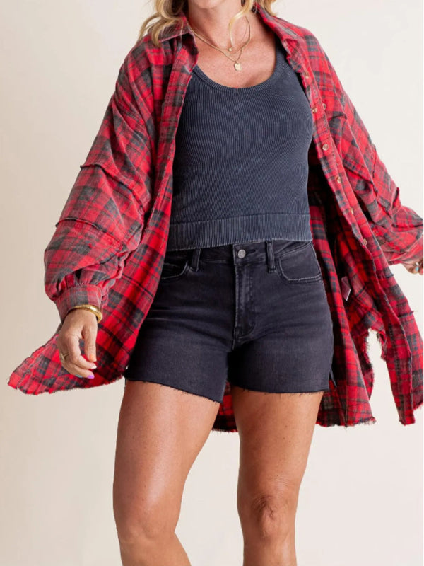 Raw Edge Lantern Sleeve Loose Button Plaid Shirt