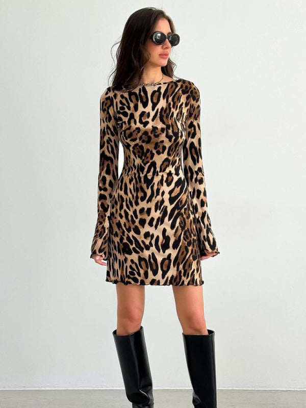 High Waist Round Neck Long Sleeve Leopard Print Dress