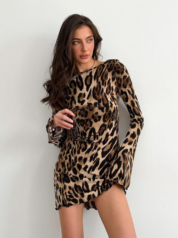 High Waist Round Neck Long Sleeve Leopard Print Dress