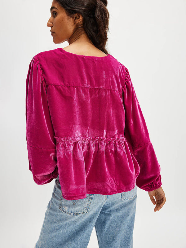 Women's Sweet Casual Tie Velvet Shirt