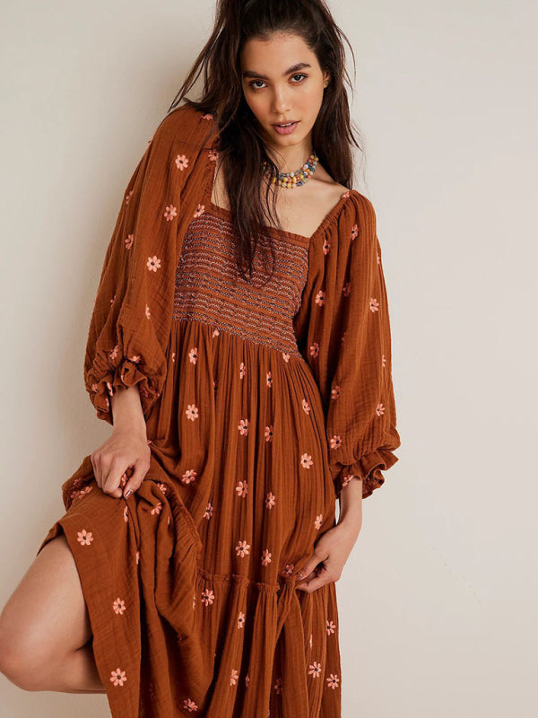 New Casual Embroidered Square Neck Sunflower Brown Dress