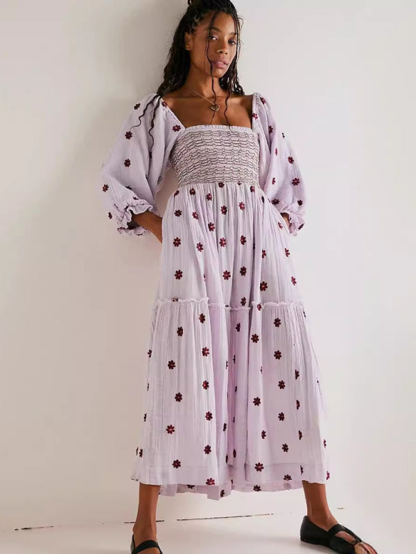 Casual Embroidered Square Collar Sunflower Light Purple Dress