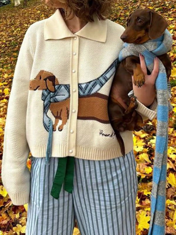 Fashion Dachshund Cute Short Lapel Puppy Pattern Sweater Cardigan