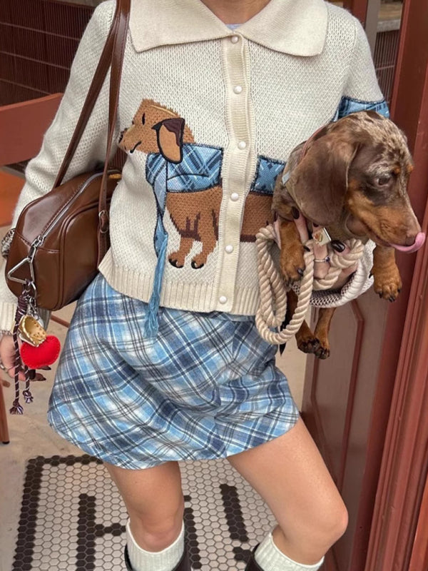 Fashion Dachshund Cute Short Lapel Puppy Pattern Sweater Cardigan