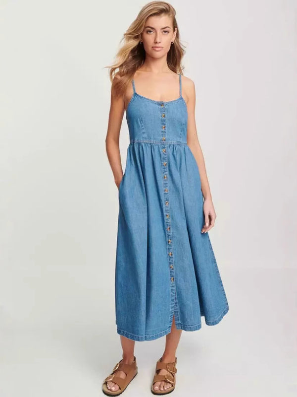 Fashionable Casual Denim Strapped Dress for Women