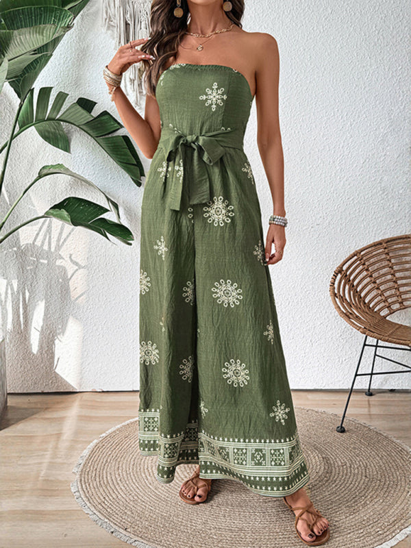 Strapless Green Print Wide-Leg Jumpsuit