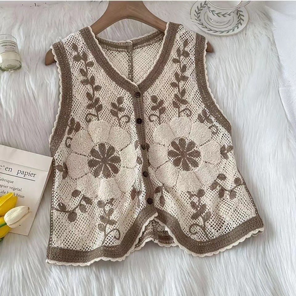Women's Hollow Contrast Color Retro Knitted Vest
