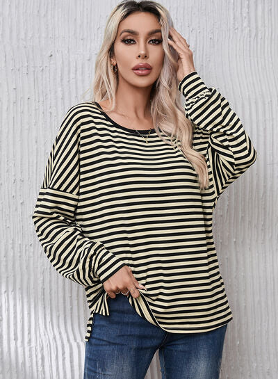 Striped Round Neck Dropped Shoulder T-Shirt