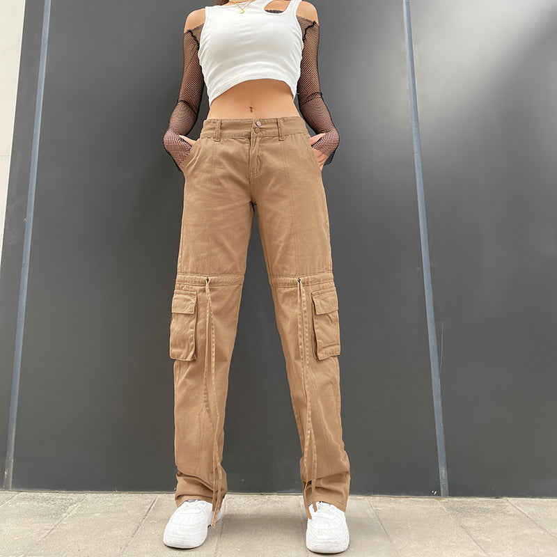 Women's Drawstring Pocket Utility Cargo Washed Slim Straight Jeans