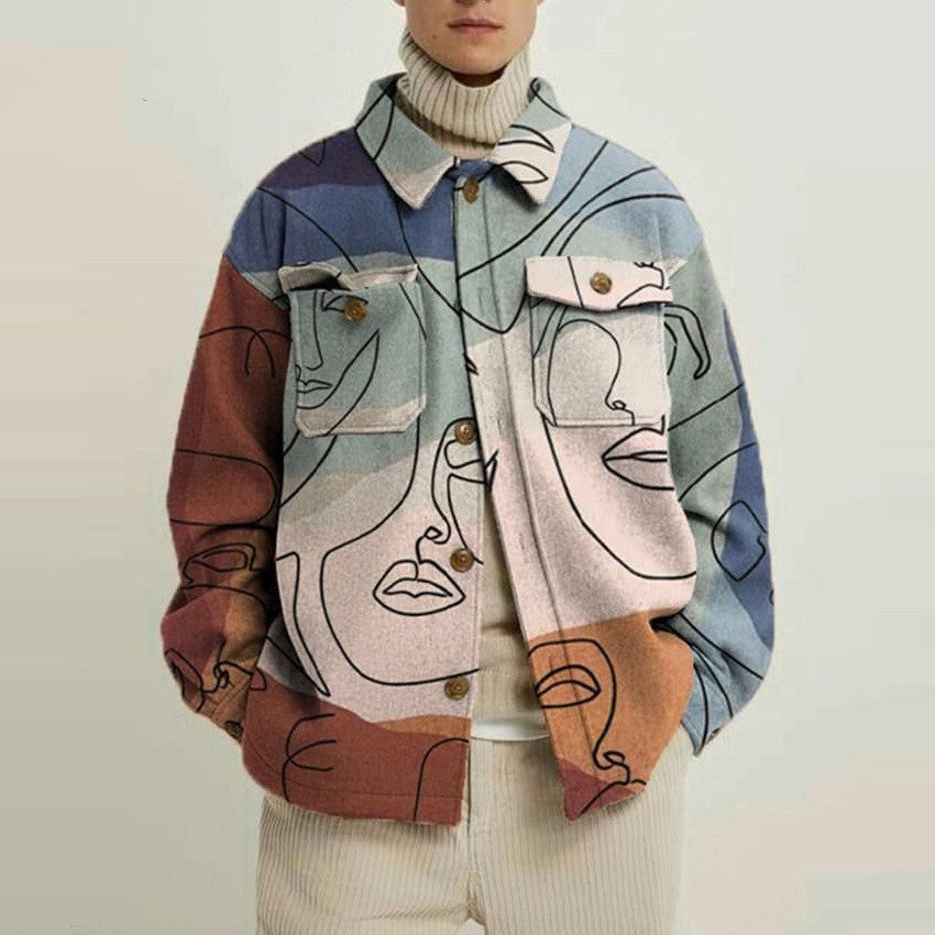 Abstract Line Art Lapel Printed Loose Men's Shirt Jacket