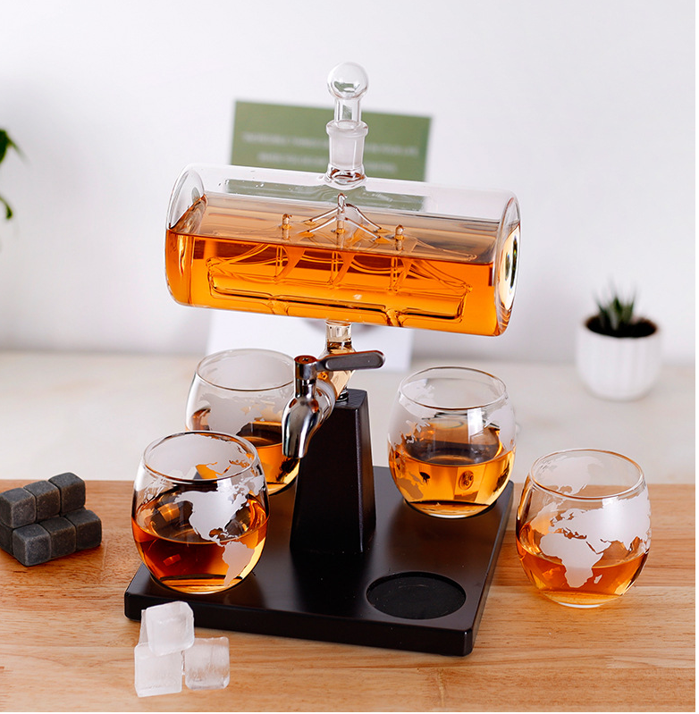 Whiskey Decanter 1100mL Creative Antique Boat Shape Set With 4 Glasses and Beautiful Stand, Gift for Him