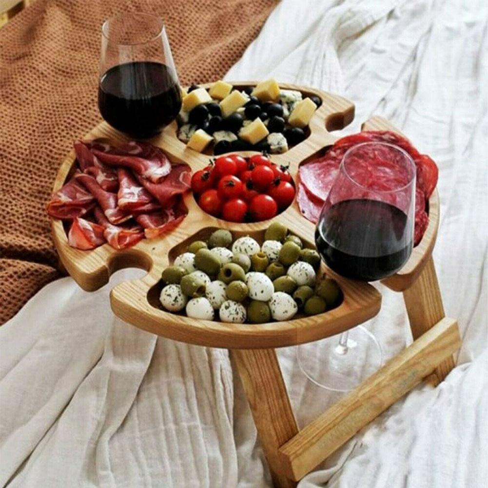 Wooden Outdoor Folding Picnic-table With Glass Holder 2 In 1 Wine Glass Rack Easy To Carry Charcuterie Board