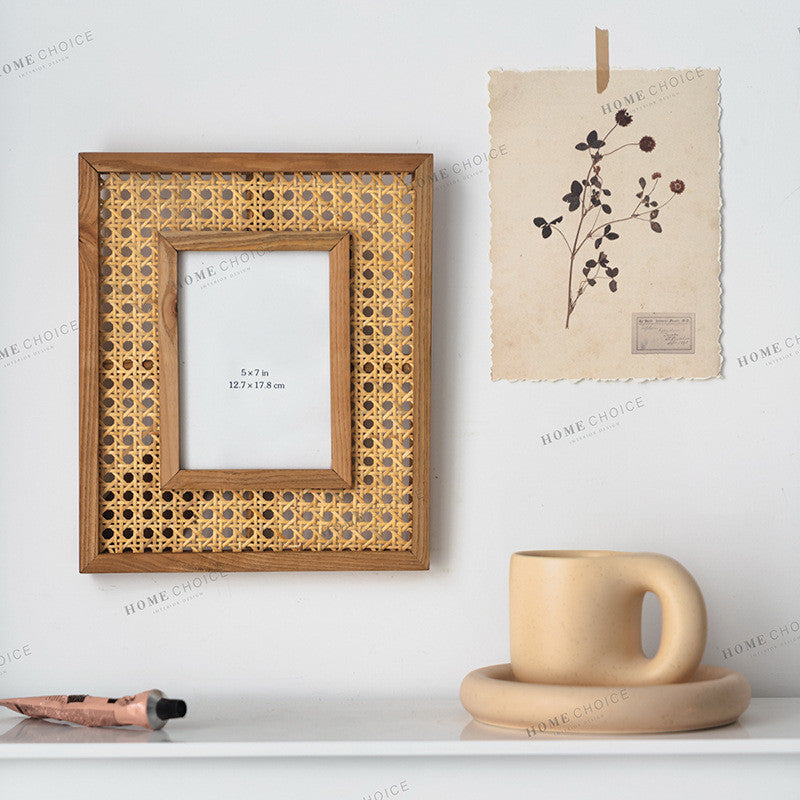 Rectangular Solid Wood Rattan Photo Frame Desktop Decoration