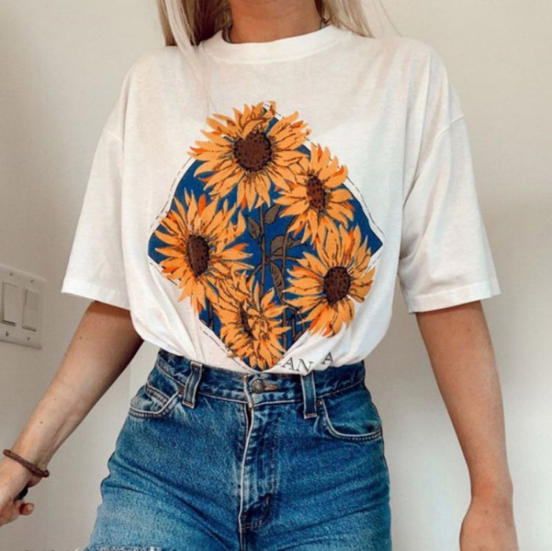 Printed Sunflower Diamond T-Shirt Casual Top Female