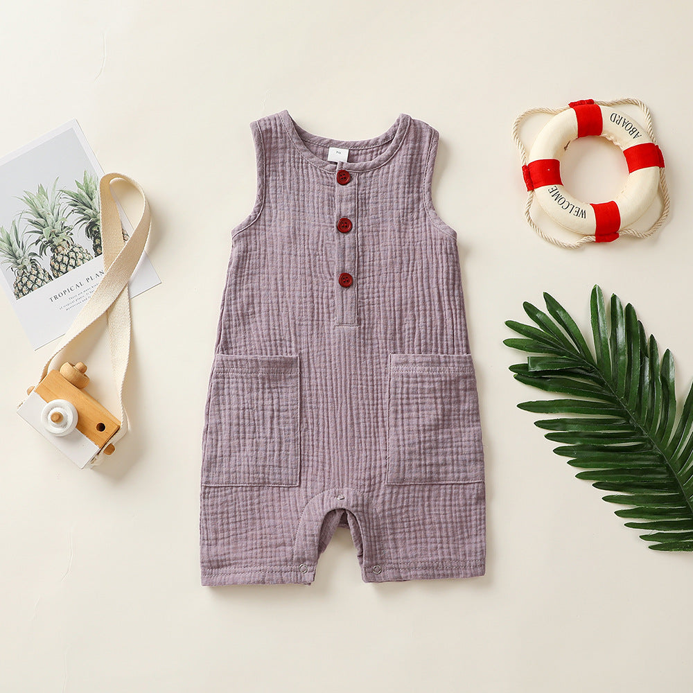 Baby Cotton And Linen Patch Pocket Short Romper Sleeveless Romper