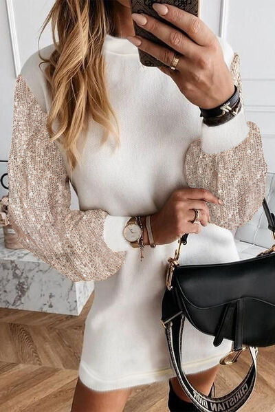 Sequin Long Sleeve Round Neck Mini Dress