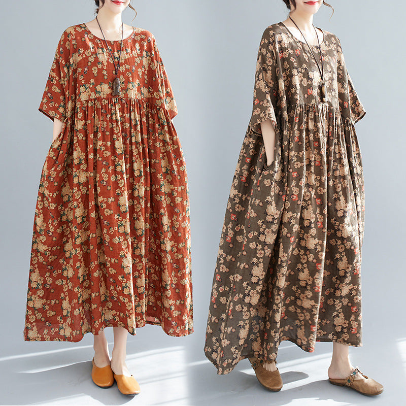 Artistic Loose Short Sleeve Wide Hem Printed Dress Women's Clothing