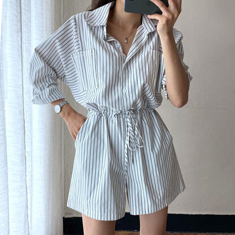 Women's Fashionable Temperament Lapel Single Breasted Tie Waist Striped Shirt Style Jumpsuit
