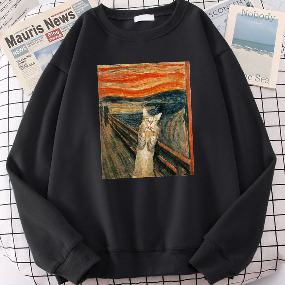 Oil Painting Cat's Dusk Print Pullover Women's Loose Fleece Round-neck Pullover