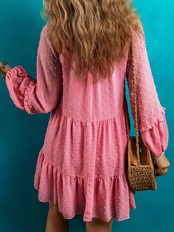 Pink Swiss Dot V-Neck Long Sleeve Mini Dress