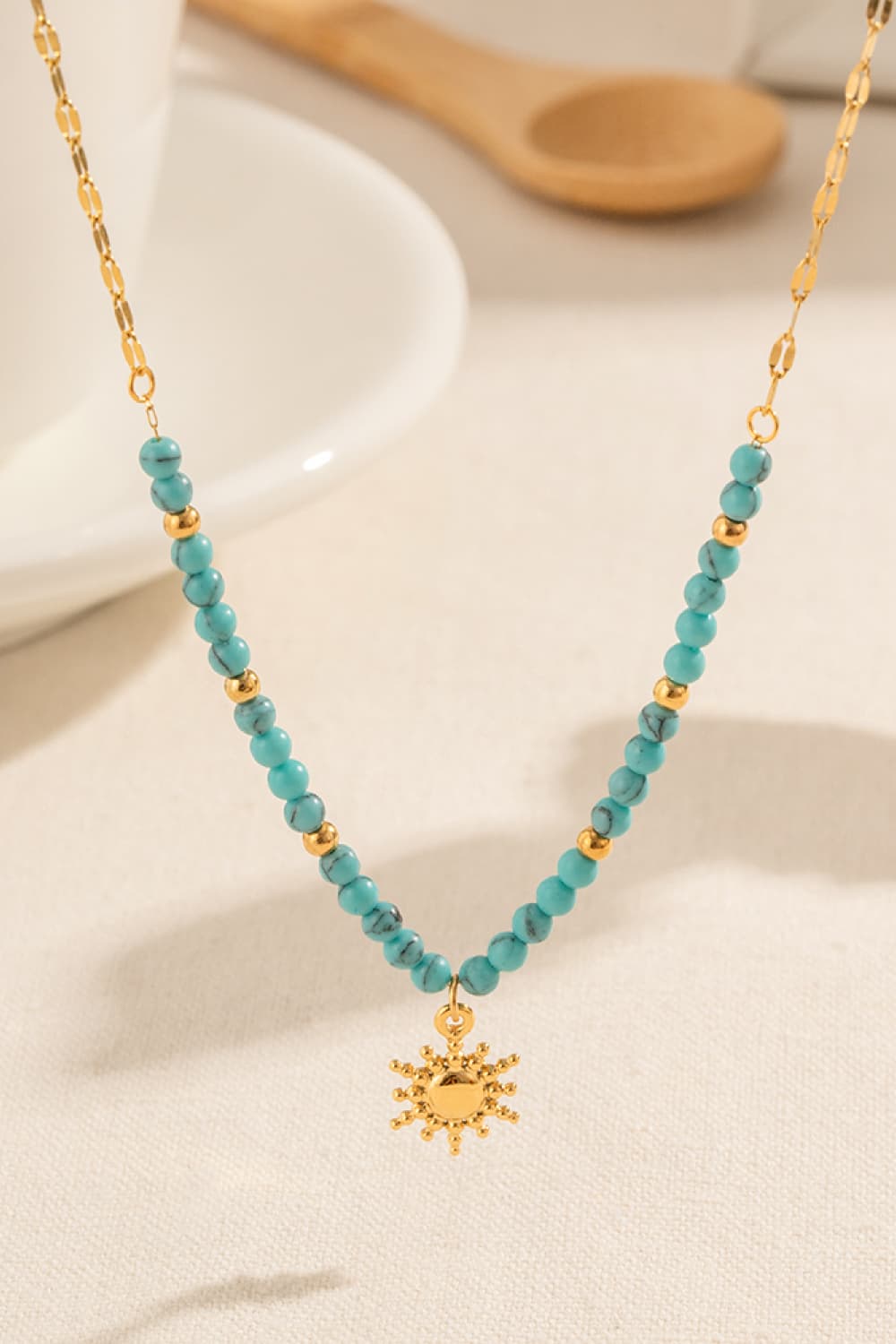 Turquoise Beaded 18K Gold-Pleated Sun Shape Pendant Necklace