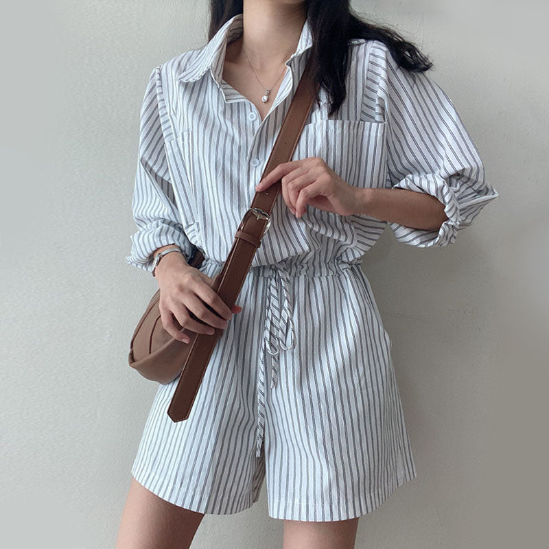 Women's Fashionable Temperament Lapel Single Breasted Tie Waist Striped Shirt Style Jumpsuit