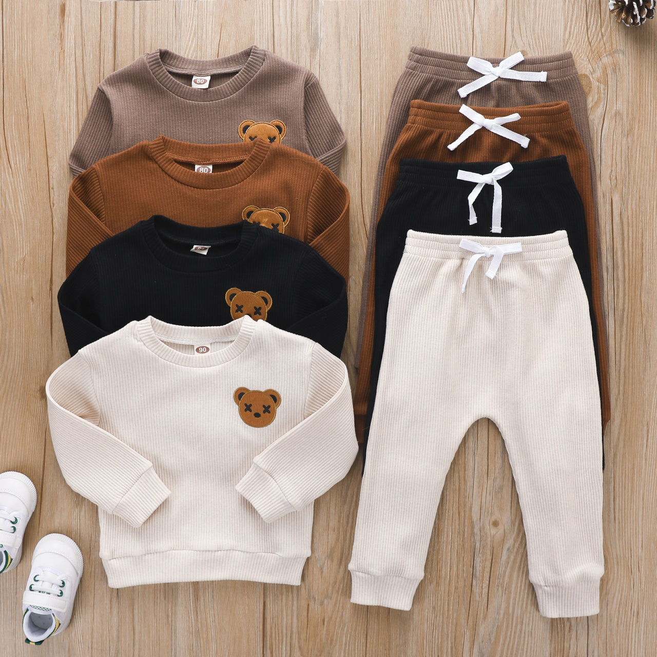 Children's Bear Embroidered Long-sleeved Top Solid Color Trousers Two-piece Set