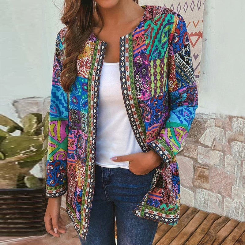 Casual Retro Cotton and Linen Printed Loose Long-Sleeved Cardigan Jacket