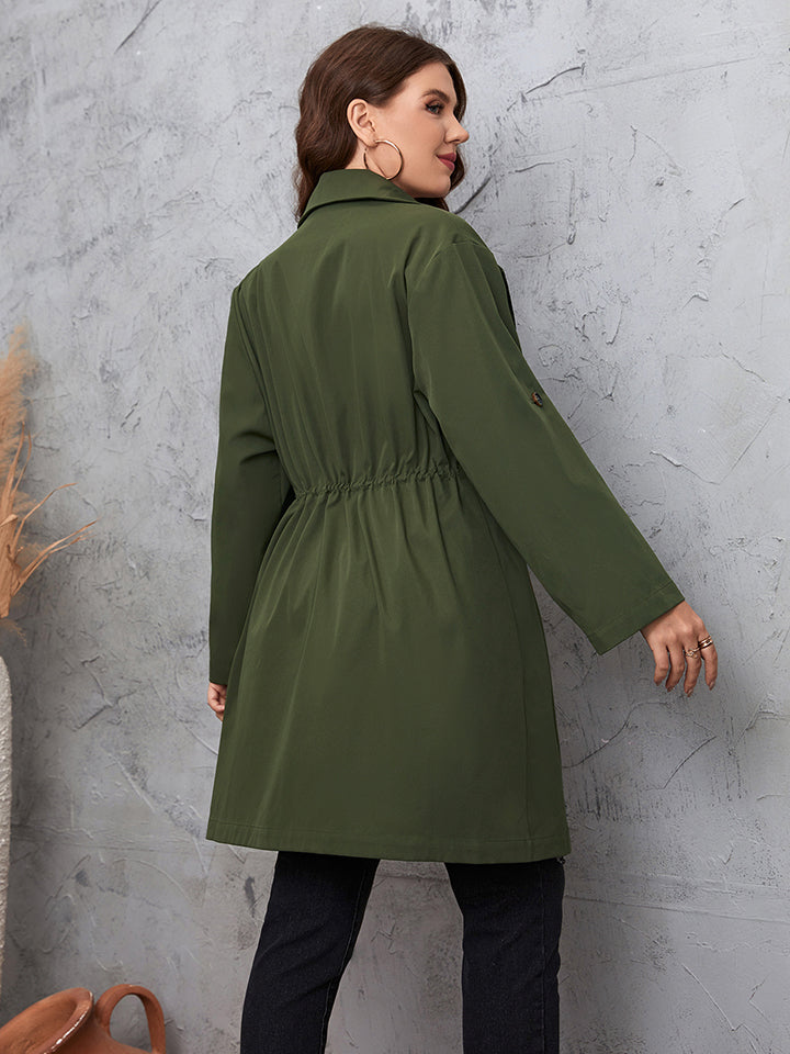 Army Green Plus Size Lapel Collar Roll-Tab Sleeve Trench Coat