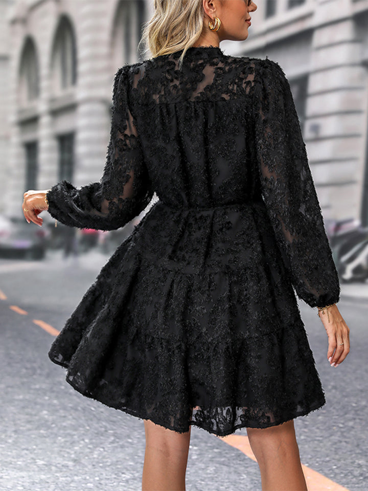 Little Black V-Neck Long Sleeve Buttoned Dress