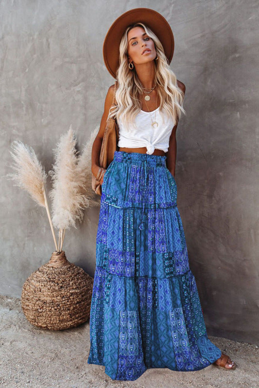 New Bohemian Style Skirt European and American Loose Casual High Waist Long Skirt