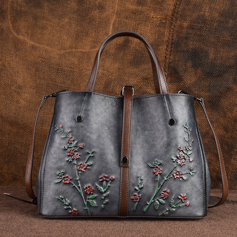 Vintage Embossed Diagonal Flower Leather Handbag