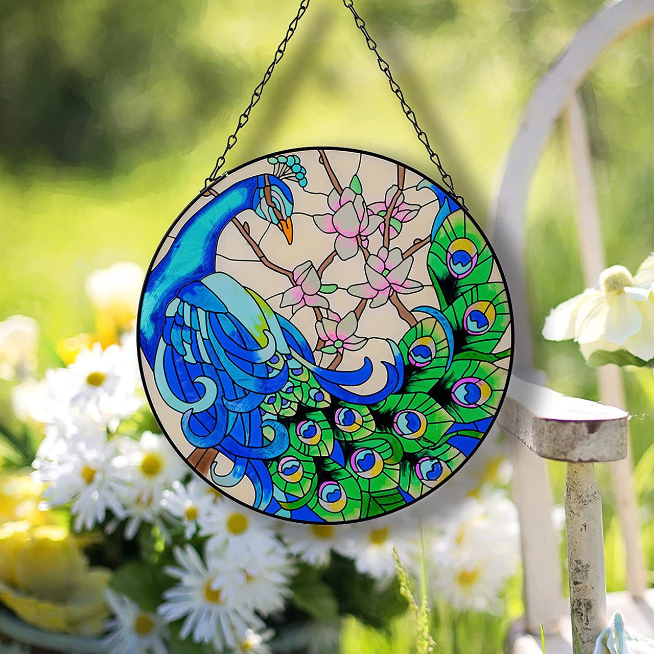 Stained Glass Peacock Window Decoration Round Color Peacock Ornament