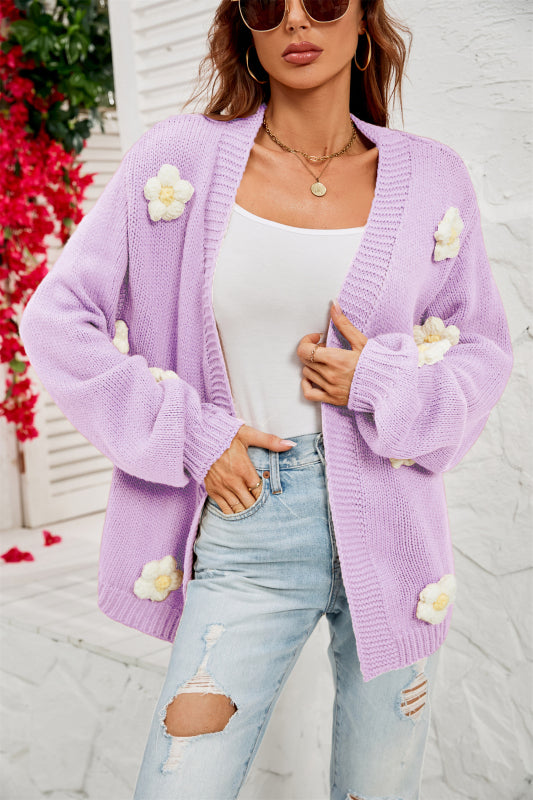 Long-Sleeved Floral Cardigan Lantern Sleeves Knitted Sweater Jacket