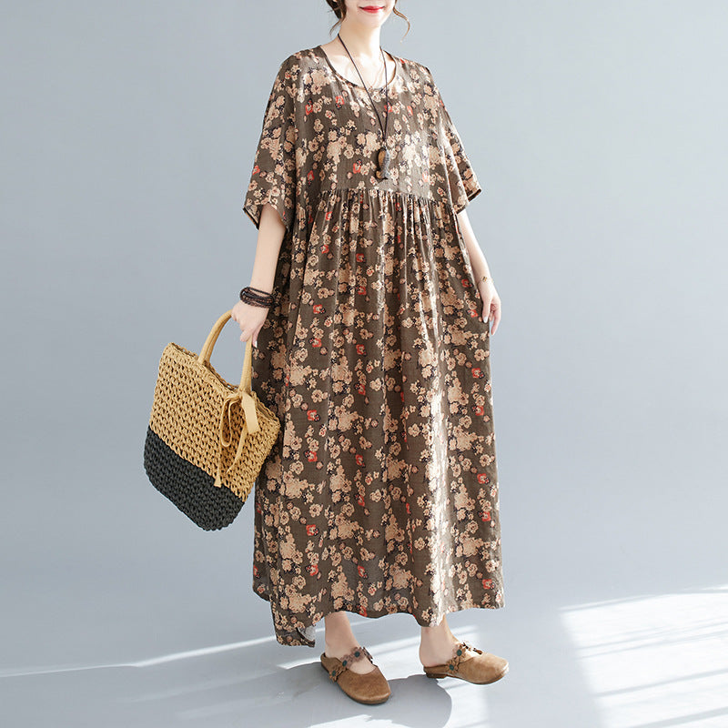 Artistic Loose Short Sleeve Wide Hem Printed Dress Women's Clothing