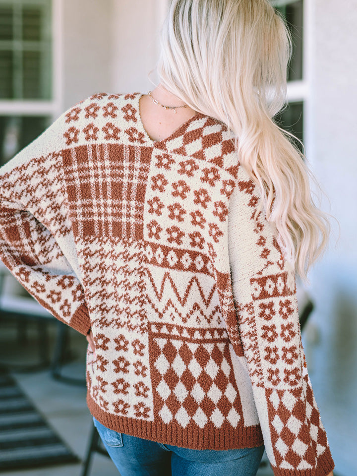 Printed Patchwork V-Neck Long Sleeve Sweater