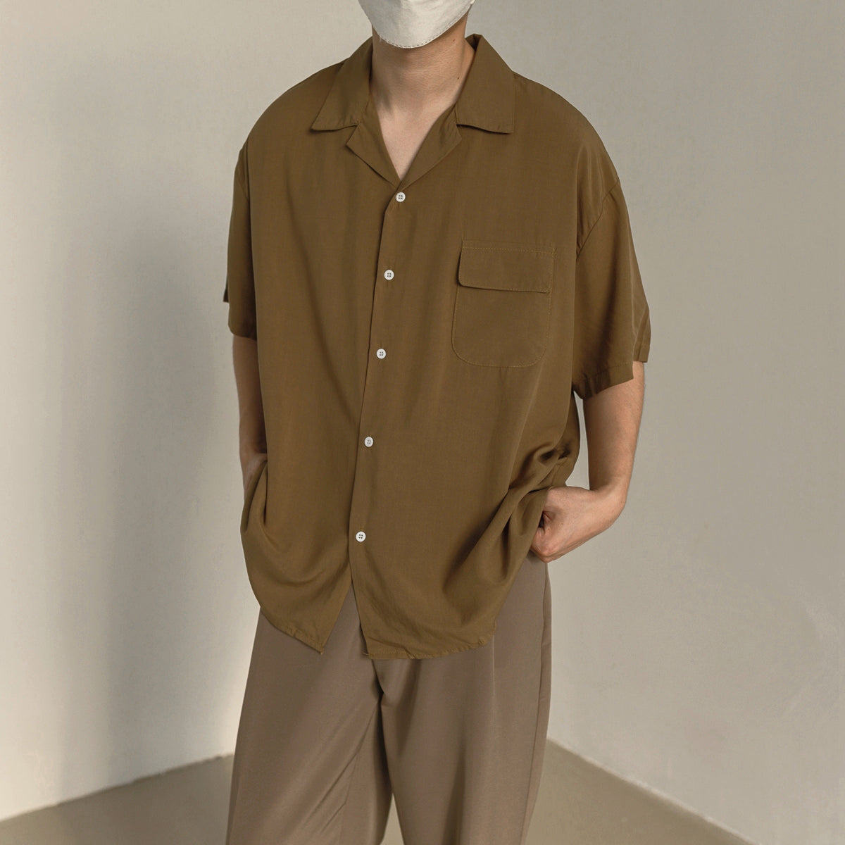 Short-sleeved Shirt Men's Loose Mid-sleeved Shirt With Pocket Satin Thin