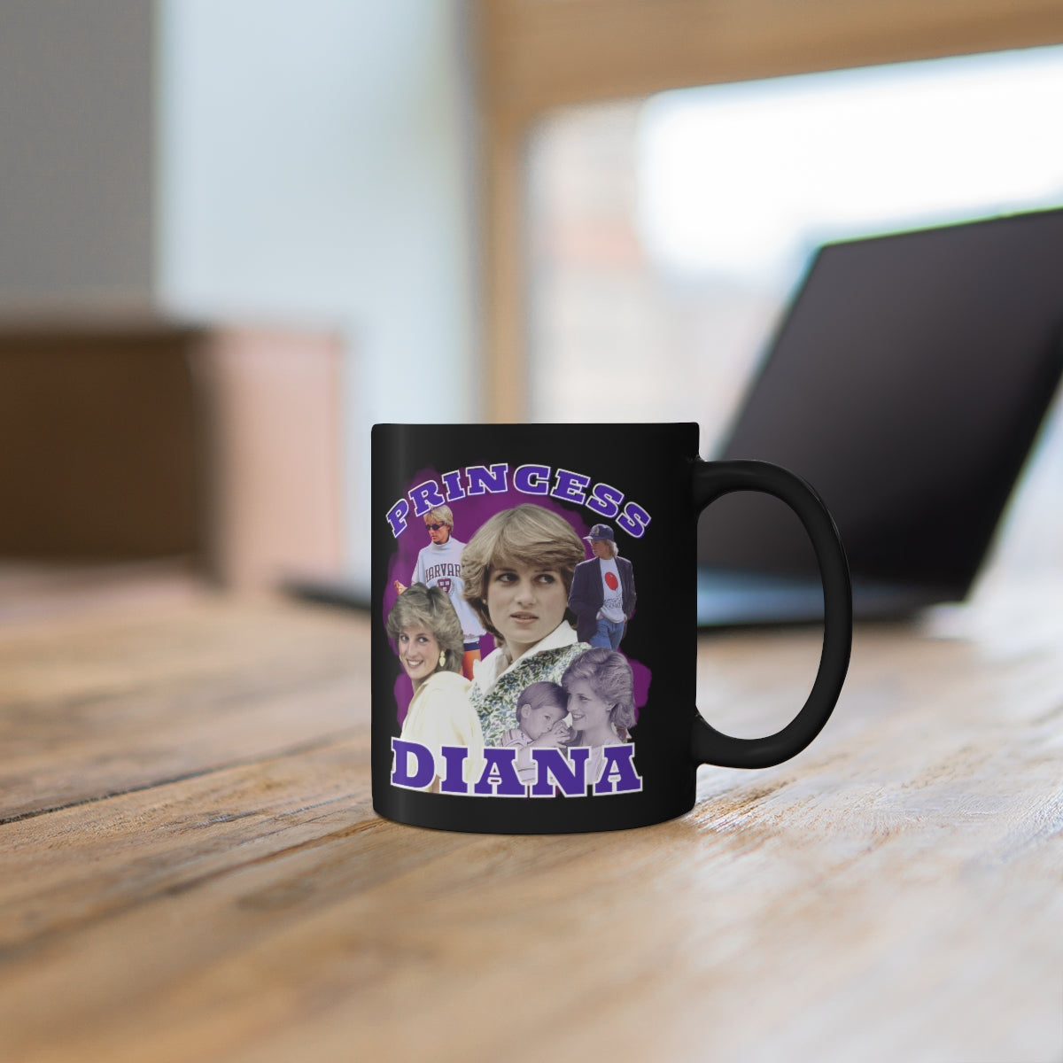 Princess Diana Black Glossy Mug, Bootleg Vintage 90's Style Icon Coffee Mug, English Royal Family Gift Cup 11 oz Black Mug