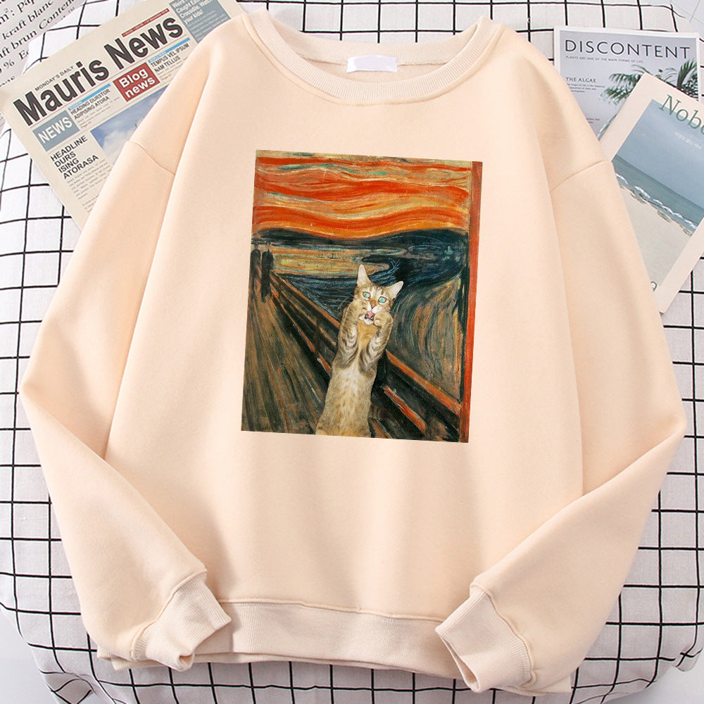 Oil Painting Cat's Dusk Print Pullover Women's Loose Fleece Round-neck Pullover