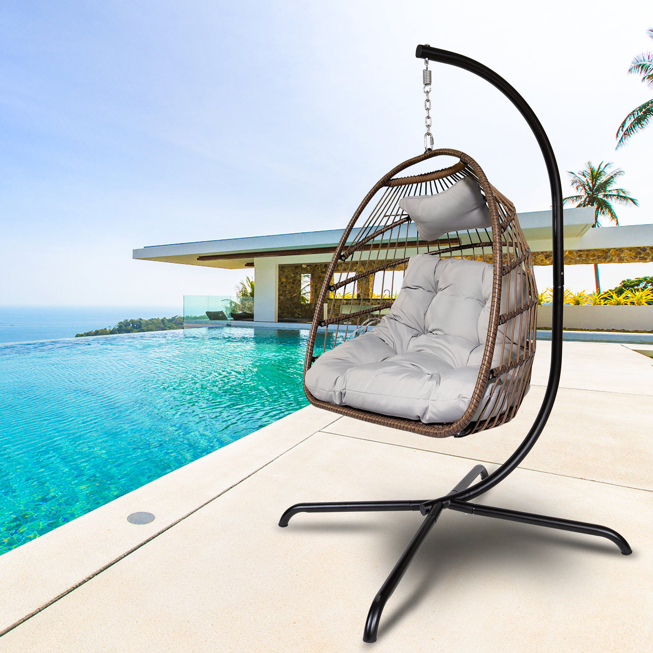 Swing Egg Chair With Stand Indoor Outdoor Wicker Rattan Patio Basket Hanging Chair With C Type Bracket , With Cushion And Pillow
