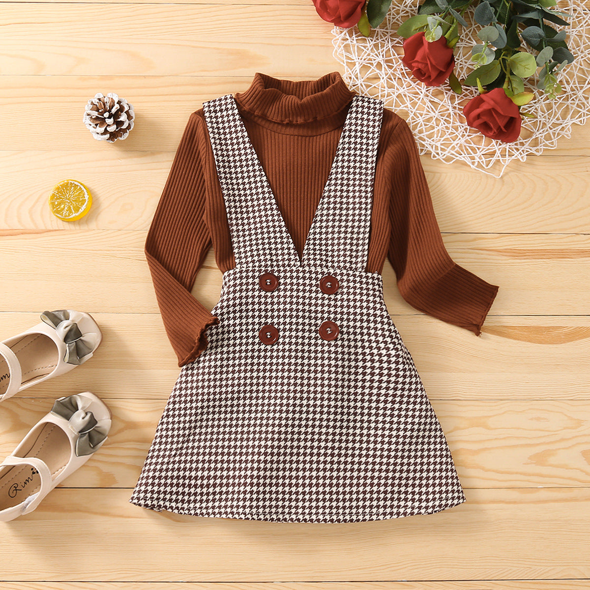 Girls' Pure Cotton Pit Strip High Neck Pullover Houndstooth Skirt Suit