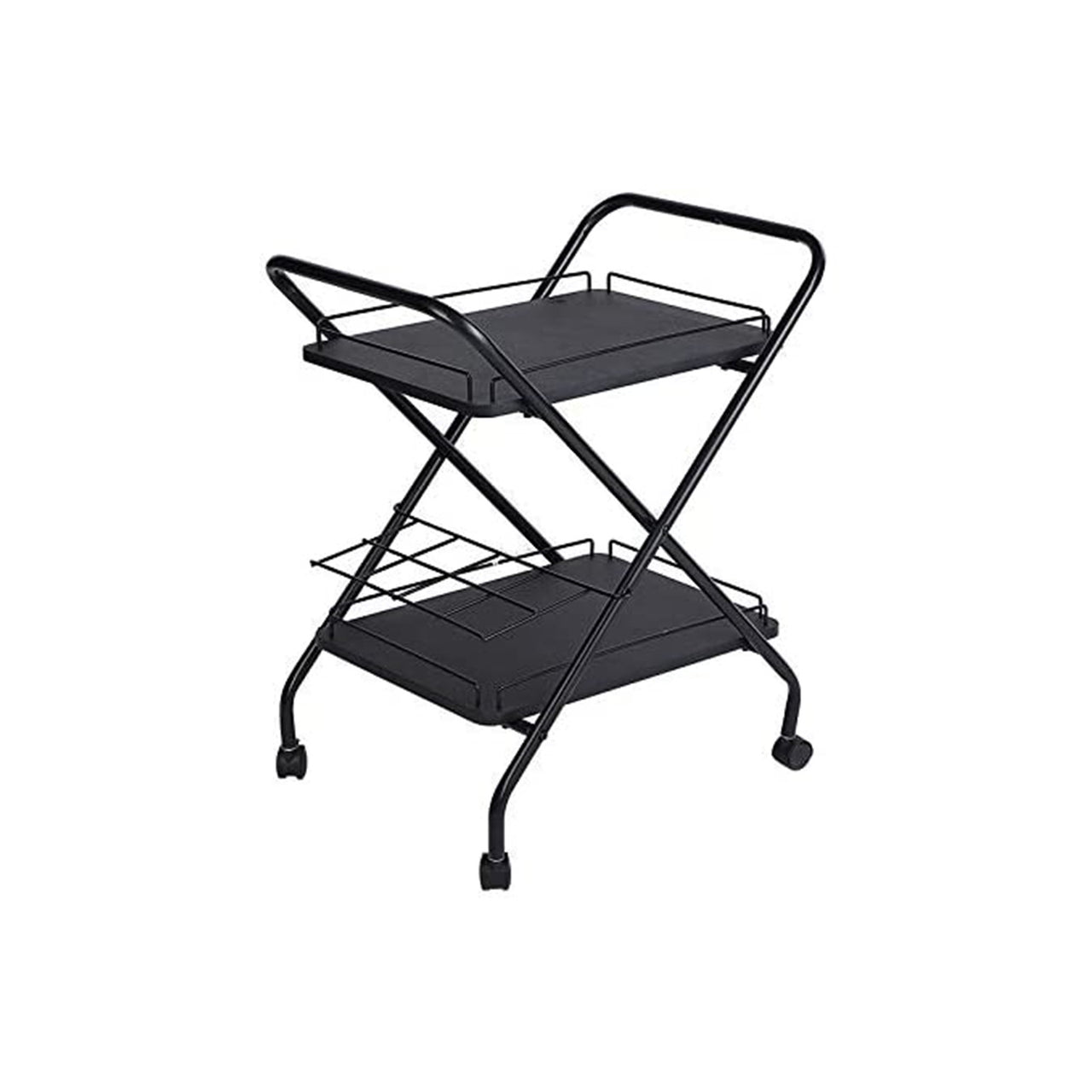 2-Tier Rolling Utility Cart With Wheels, Metal Bar Service Car With Wine Rack, Lockable Wheel Multi-Functional Storage Rack For Bar Office And Kitchen