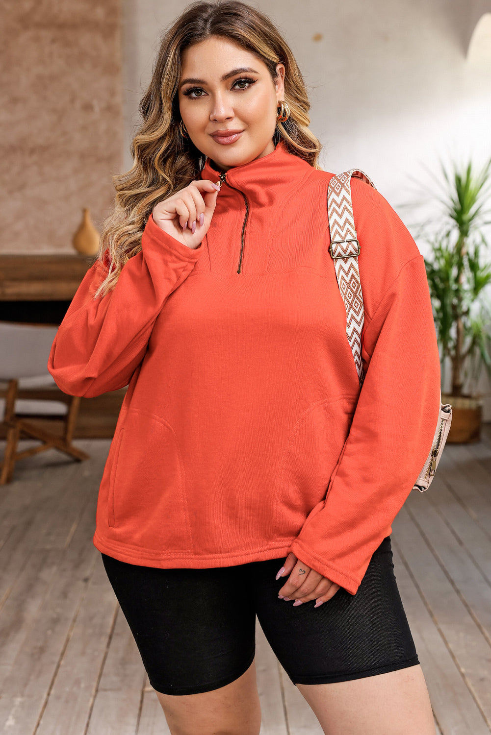 Orange Plus Size Zip-Up Dropped Shoulder Sweatshirt