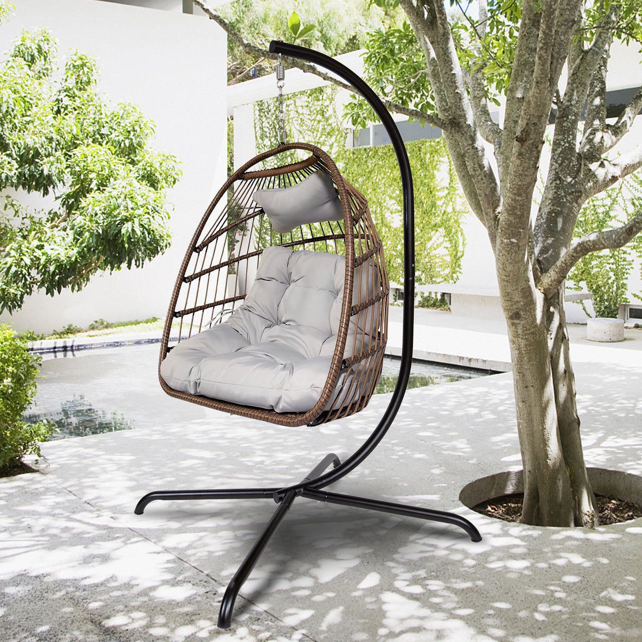 Swing Egg Chair With Stand Indoor Outdoor Wicker Rattan Patio Basket Hanging Chair With C Type Bracket , With Cushion And Pillow