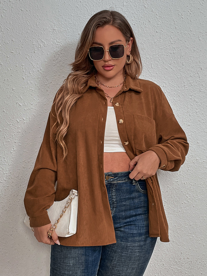 Brown Plus Size Collared Neck Long Sleeve Shirt