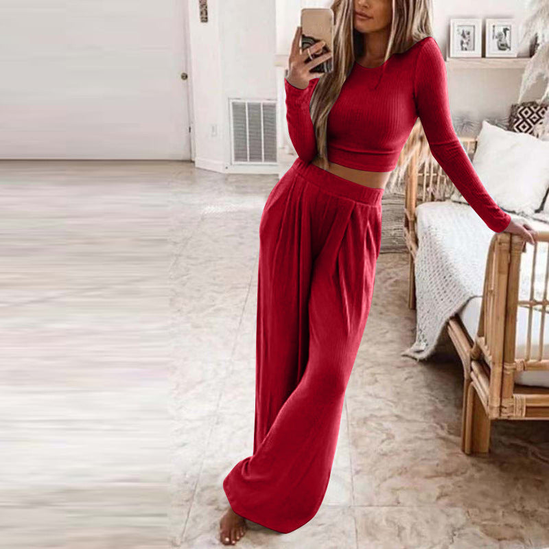 Women's Solid Color Knitted Casual Home Two-Piece Suit